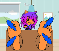 Size: 720x625 | Tagged: safe, artist:bigboyj2007, imported from derpibooru, sunny starscout, earth pony, human, pony, alternate hairstyle, feather, feet, female, fetish, foot fetish, foot focus, g5, gacha life, laughing, solo, solo female, text, tickling