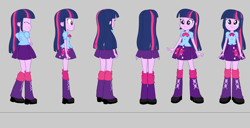 Size: 3983x2039 | Tagged: safe, artist:qbert2kcat, imported from derpibooru, twilight sparkle, human, equestria girls, arms, blouse, boots, bowtie, breasts, bust, clothes, crossed arms, facing away, facing right, facing you, female, fingers, gray background, hand, happy, high heel boots, legs, long hair, puffy sleeves, simple background, skirt, smiling, socks, solo, spread arms, standing, teenager, teeth