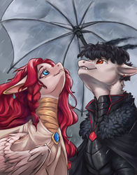 Size: 1044x1331 | Tagged: safe, artist:kirby_orange, imported from derpibooru, pegasus, pony, armor, black hair, bondage, cape, clothes, duo, duo male and female, ear piercing, earring, female, jewelry, male, mare, piercing, rain, short hair, smiling, umbrella, wavy hair, wings