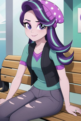 Size: 2667x4000 | Tagged: safe, imported from derpibooru, spike, starlight glimmer, equestria girls, ai content, ai generated, bench, blushing, clothes, female, male, micro, romantic, shipping, sparlight, straight