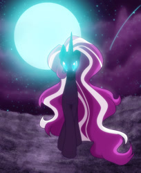 Size: 674x826 | Tagged: safe, artist:ashleynicholsart, deleted from derpibooru, idw, imported from ponybooru, part of a set, nightmare rarity, pony, unicorn, banned from derpibooru, cloud, crossed legs, female, glowing eyes, hair stripe, image, moon, night, nightmarified, rock, sky, solo, stone