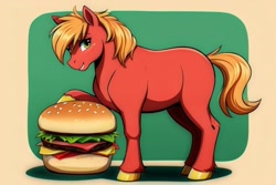 Size: 768x512 | Tagged: safe, imported from derpibooru, big macintosh, earth pony, pony, ai content, ai generated, big mac (burger), burger, food, generator:stable diffusion, hamburger, namesake, prompter:chillyhooves, pun, solo, visual pun