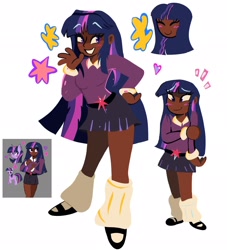 Size: 1860x2048 | Tagged: safe, artist:billtism, imported from derpibooru, twilight sparkle, alicorn, human, pony, belt, clothes, cute, dark skin, eyes closed, female, flats, grin, heart, humanized, leg warmers, mare, shirt, shoes, simple background, skirt, smiling, socks, solo, stars, twiabetes, twilight sparkle (alicorn), waving, white background