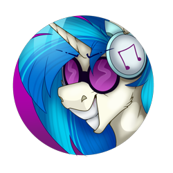 Size: 2300x2300 | Tagged: safe, artist:molars, imported from derpibooru, dj pon-3, vinyl scratch, pony, unicorn, badge, blue mane, bust, glasses, grin, headphones, horn, portrait, rendered, shading, smiling, solo, teeth