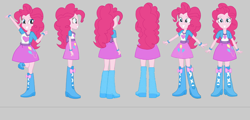 Size: 4170x2009 | Tagged: safe, artist:qbert2kcat, imported from derpibooru, pinkie pie, human, equestria girls, arms, arms in the air, boots, bow, bracelet, breasts, bust, clothes, facing away, facing right, facing you, female, fingers, fist, gray background, grin, hand, hands in the air, happy, high heel boots, jewelry, legs, long hair, open mouth, open smile, pose, shirt, shoes, short sleeves, simple background, skirt, smiling, solo, spread arms, standing, teenager, teeth, vest