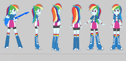 Size: 4176x2027 | Tagged: safe, artist:qbert2kcat, imported from derpibooru, rainbow dash, human, equestria girls, arms, boots, breasts, bust, clothes, collar, electric guitar, excited, facing away, facing right, facing you, female, fingers, gray background, grin, guitar, hand, happy, high heel boots, holding, legs, long hair, musical instrument, open mouth, open smile, playing, shirt, shoes, simple background, skirt, smiling, socks, solo, standing, t-shirt, teenager, teeth, wristband