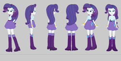 Size: 3983x2003 | Tagged: safe, artist:qbert2kcat, imported from derpibooru, rarity, human, equestria girls, arms, belt, boots, bracelet, breasts, bust, clothes, elbowed sleeves, facing away, facing right, facing you, female, fingers, gray background, hairpin, hand, happy, high heel boots, jewelry, legs, lidded eyes, long hair, makeup, pose, raised eyebrow, simple background, skirt, smiling, solo, spread arms, standing, teenager, top