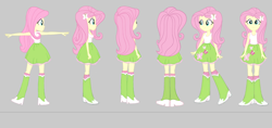 Size: 4340x2045 | Tagged: safe, artist:qbert2kcat, imported from derpibooru, fluttershy, human, equestria girls, arms, boots, breasts, bust, clothes, facing away, facing right, facing you, female, fingers, gray background, hairpin, hand, happy, high heel boots, long hair, makeup, simple background, skirt, sleeveless, smiling, socks, solo, spread arms, standing, tanktop, teenager