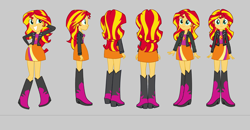 Size: 3884x2022 | Tagged: safe, artist:qbert2kcat, imported from derpibooru, sunset shimmer, human, equestria girls, arm behind head, arms, boots, breasts, bust, clothes, facing away, facing right, facing you, female, fingers, gray background, grin, hand, hand on hip, happy, high heel boots, jacket, leather jacket, legs, long hair, long sleeves, open mouth, open smile, pose, simple background, skirt, smiling, solo, standing, teenager, teeth, top