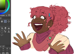 Size: 894x635 | Tagged: safe, artist:taffybuns, imported from derpibooru, screencap, pinkie pie, human, blushing, bust, cardigan, clip studio paint, clothes, dark skin, eyebrows, eyebrows visible through hair, eyelashes, eyeshadow, freckles, hair accessory, hairclip, humanized, lipstick, looking down, makeup, open mouth, open smile, painted nails, pink eyeshadow, pink hair, pink lipstick, ponytail, raised arms, simple background, smiling, solo, sticker, sweater, tied hair, turtleneck, white background