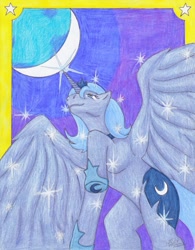 Size: 769x988 | Tagged: safe, artist:lunarlight-prism, imported from derpibooru, princess luna, alicorn, pony, belly, female, from below, low angle, mare, raised hoof, s1 luna, solo, traditional art