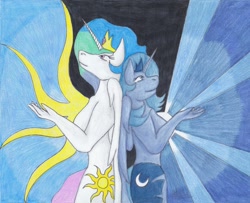 Size: 1000x813 | Tagged: safe, artist:lunarlight-prism, imported from derpibooru, princess celestia, princess luna, alicorn, anthro, abstract background, back to back, breasts, duo, female, royal sisters, s1 luna, siblings, sideboob, sisters, traditional art