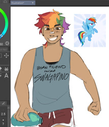 Size: 657x767 | Tagged: safe, artist:taffybuns, imported from derpibooru, screencap, rainbow dash, human, pony, bandaid, bandaid on nose, clenched fist, clip studio paint, clothes, female, filipino, holding, humanized, lidded eyes, multicolored hair, narrowed eyes, no catchlights, rainbow hair, screencap reference, shirt, shorts, simple background, smiling, solo, sports shorts, tan skin, tanktop, thick eyebrows, undershirt, water bottle, white background