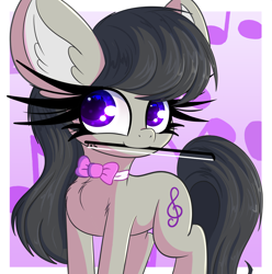 Size: 1982x2000 | Tagged: safe, artist:windykirin, imported from derpibooru, octavia melody, earth pony, big ears, big eyelashes, bow (instrument), cute, female, long eyelashes, mouth hold, simple background, solo, violin bow