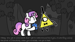 Size: 1280x720 | Tagged: safe, artist:snowflakepone, imported from derpibooru, sweetie belle, bill cipher, blue fire, cute, female, filly, fire, foal, gravity falls, gray, gray background, hoofshake, simple background, text