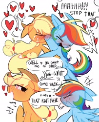 Size: 1355x1670 | Tagged: safe, artist:appledash3r_, imported from derpibooru, applejack, rainbow dash, earth pony, pegasus, pony, 2 panel comic, ><, appledash, applejack's hat, blonde mane, blonde tail, blue coat, blue tongue, blushing, blushing profusely, colored, colored sketch, colored tongue, comic, cowboy hat, dialogue, duo, duo female, emanata, eye clipping through hair, eyelashes, eyes closed, female, flat colors, flirting, floating heart, floppy ears, freckles, hat, heart, lesbian, lidded eyes, looking at each other, looking at someone, mare, multicolored hair, multicolored mane, multicolored tail, open mouth, open smile, orange coat, ponytail, rainbow hair, rainbow tail, screaming, shipping, simple background, sketch, smiling, smiling at each other, speech bubble, spread wings, tail, talking, teasing, text, tied mane, tied tail, tongue out, tsunderainbow, tsundere, wavy mouth, white background, wings, wings down