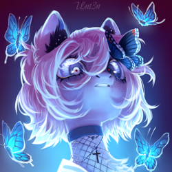 Size: 3000x3000 | Tagged: safe, artist:unt3n, imported from derpibooru, oc, oc only, butterfly, pony, blue eyes, bust, collar, ear piercing, earring, jewelry, piercing, portrait, solo