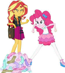 Size: 2262x2520 | Tagged: safe, edit, edited screencap, editor:homersimpson1983, imported from derpibooru, screencap, pinkie pie, sunset shimmer, human, equestria girls, equestria girls series, sock it to me, spoiler:eqg series (season 2), background removed, bag, clothes, duo, duo female, female, my little pony equestria girls: choose your own ending, not a vector, socks