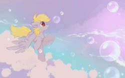 Size: 2048x1288 | Tagged: safe, artist:mirtash, imported from derpibooru, derpy hooves, pegasus, pony, big eyes, blonde mane, blonde tail, bubble, chest fluff, cloud, colored, cute, day, derpabetes, detailed background, ear fluff, floppy ears, flying, gray mane, gray tail, in awe, long mane, long tail, open mouth, outdoors, partially open wings, profile, raised hoof, shiny eyes, solo, tail, wing fluff, wingding eyes, wings, wings down, yellow eyes, yellow mane, yellow tail