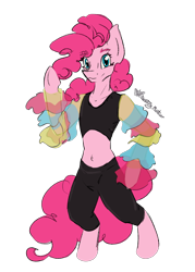 Size: 1394x1949 | Tagged: safe, artist:destiny_manticor, imported from derpibooru, pinkie pie, earth pony, pony, semi-anthro, belly, clothes, fluffy hair, looking at you, simple background, smiling, solo, transparent background