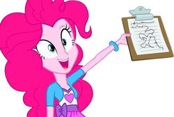 Size: 3758x2520 | Tagged: safe, edit, edited screencap, editor:homersimpson1983, imported from derpibooru, screencap, pinkie pie, human, equestria girls, arms, arms in the air, background removed, bracelet, breasts, bust, clipboard, clothes, female, fingers, hand, hands in the air, handwriting, happy, holding, jewelry, long hair, my little pony equestria girls, not a vector, open mouth, open smile, shirt, short sleeves, skirt, smiling, standing, talking, teenager, teeth, vest