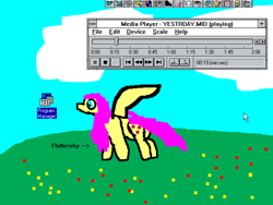 Size: 1440x1080 | Tagged: safe, imported from ponybooru, fluttershy, pegasus, pony, 1000 hours in ms paint, cloud, crappy art, female, grass, mare, no ears, retro, solo, stare, stupid, the stare, windows, windows 3.1