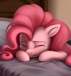 Size: 545x586 | Tagged: safe, imported from derpibooru, pinkie pie, earth pony, pony, ai content, ai generated, bed, crying, depressed, eyes closed, female, generator:yiffymix v36, mare, on bed, prompter:morishy1000, sad, solo