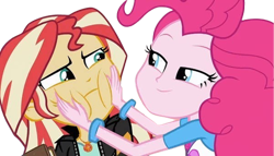 Size: 4396x2520 | Tagged: safe, edit, edited screencap, editor:homersimpson1983, imported from derpibooru, screencap, pinkie pie, sunset shimmer, human, equestria girls, background removed, duo, duo female, female, not a vector, puffy cheeks, squishy cheeks