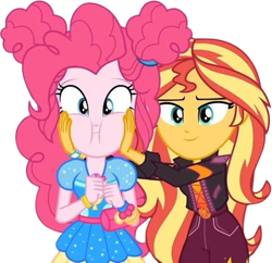 Size: 2602x2520 | Tagged: safe, edit, edited screencap, editor:homersimpson1983, imported from derpibooru, screencap, pinkie pie, sunset shimmer, equestria girls, background removed, duo, duo female, female, not a vector, puffy cheeks, squishy cheeks