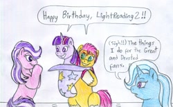 Size: 2435x1515 | Tagged: safe, artist:jose-ramiro, imported from derpibooru, sunny starscout, trixie, twilight sparkle, oc, alicorn, earth pony, unicorn, dialogue, female, g5, happy birthday, horn, sunny and her heroine, twilight sparkle (alicorn)