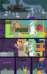 Size: 2134x3351 | Tagged: safe, artist:wheatley r.h., derpibooru exclusive, imported from derpibooru, oc, oc:w. rhinestone eyes, changeling, changeling larva, dragon, comic:the little pet shop of larvas, blue changeling, bracelet, clothes, comic, dragon oc, female, food, glasses, jewelry, male, non-pony oc, onomatopoeia, pet shop, pizza, silhouette, spread wings, trash can, vector, watermark, wings