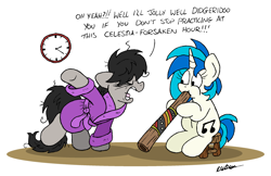 Size: 2529x1635 | Tagged: safe, artist:bobthedalek, imported from derpibooru, dj pon-3, octavia melody, vinyl scratch, earth pony, pony, unicorn, bathrobe, bed mane, clock, clothes, didgeridoo, horn, messy mane, musical instrument, octavia is not amused, robe, unamused