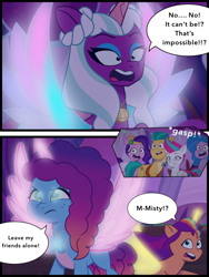 Size: 768x1024 | Tagged: safe, artist:bluemario11, imported from derpibooru, hitch trailblazer, izzy moonbow, opaline arcana, pipp petals, sunny starscout, zipp storm, alicorn, earth pony, pegasus, unicorn, alicornified, comic, dialogue, fake, faker than a three dollar bill, female, g5, horn, male, misty brightdawn, mistycorn, race swap, rebirth misty, sunnycorn