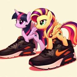 Size: 1024x1024 | Tagged: safe, artist:tom artista, imported from derpibooru, sunset shimmer, twilight sparkle, alicorn, pegasus, ai content, ai generated, artificial intelligence, background, clothes, colored, drip, female, nike, princess, prompter:tom artista, shoes, simple, simple background, sneakers, twilight sparkle (alicorn)