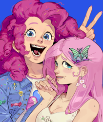 Size: 1915x2264 | Tagged: safe, artist:manysketchbooks, imported from derpibooru, fluttershy, pinkie pie, human, blue background, braces, breasts, busty fluttershy, cleavage, clothes, denim, denim jacket, duo, duo female, ear piercing, earring, female, hair accessory, high res, humanized, jacket, jewelry, mole, open mouth, open smile, peace sign, piercing, simple background, smiling