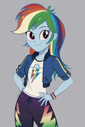 Size: 512x768 | Tagged: safe, imported from derpibooru, rainbow dash, human, equestria girls, ai content, ai generated, clothes, female, gray background, hand on hip, hoodie, pants, prompter:bigfanbud123, shirt, simple background, smiling, t-shirt, tomboy, wristband