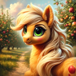Size: 1024x1024 | Tagged: safe, imported from ponybooru, applejack, earth pony, pony, ai content, ai generated, alternate hairstyle, apple, bing, blushing, female, fluffy, food, hatless, looking at you, looking back, looking back at you, mare, missing accessory, solo, sweet apple acres