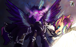 Size: 1920x1200 | Tagged: safe, artist:brainiac, imported from derpibooru, sunny starscout, twilight sparkle, alicorn, alternate universe, azem, crossover, emet-selch, evil twilight, final fantasy, final fantasy xiv, g5, nightmare twilight, nightmarified, sketch, sunny and her anti-heroine, sunny and her heroine, vent art, warrior of light