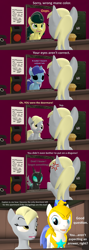 Size: 1920x5400 | Tagged: safe, artist:red4567, imported from derpibooru, carrot top, derpy hooves, golden harvest, minuette, changeling, 3d, comic, derpy hooves is not amused, disguise, disguised changeling, fail, oops, royal guard, source filmmaker, that's not my neighbor, unamused, wrong eye color, wrong mane color
