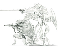 Size: 1500x1216 | Tagged: safe, artist:baron engel, imported from derpibooru, princess celestia, princess luna, alicorn, anthro, unguligrade anthro, breasts, busty princess celestia, cleavage, dirty pair, female, gun, handgun, kei, lovely angels, mare, monochrome, pencil drawing, pistol, rocket launcher, simple background, traditional art, weapon, white background, yuri (dirty pair)