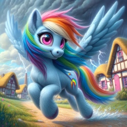 Size: 1024x1024 | Tagged: safe, imported from ponybooru, rainbow dash, pegasus, pony, ai content, ai generated, alternate cutie mark, bing, female, fluffy, lightning, mare, ponyville, rain, smiling, solo, spread wings, unshorn fetlocks, weather, windswept mane, wings