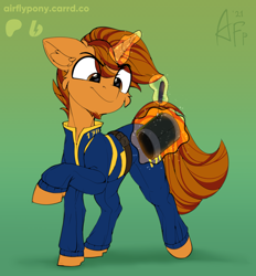 Size: 1486x1600 | Tagged: safe, artist:airfly-pony, imported from derpibooru, oc, oc only, unicorn, fallout equestria, 2021, clothes, horn, jumpsuit, looking at something, magic, magic aura, male, orange coat, patreon, patreon reward, pipboy, pipbuck, screwdriver, vault, vault suit