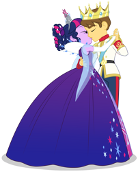 Size: 2803x3462 | Tagged: safe, artist:sapphiregamgee, imported from derpibooru, twilight sparkle, oc, equestria girls, canon x oc, clothes, crown, dancing, dress, duo, duo male and female, female, french kiss, gown, jewelry, kiss on the lips, kissing, male, prince, princess, princess dress, regalia, romantic, simple background, solo, straight, tiara, transparent background