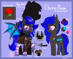 Size: 900x729 | Tagged: safe, artist:uteuk, imported from derpibooru, oc, oc only, oc:ebony rose, bat pony, armor, clothes, female, mare, reference sheet, socks, solo, stockings, striped socks, thigh highs, weapon