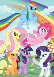 Size: 958x1354 | Tagged: safe, artist:paul abstruse, imported from derpibooru, applejack, fluttershy, pinkie pie, rainbow dash, rarity, twilight sparkle, earth pony, pegasus, pony, unicorn, 2013, applejack's hat, cloud, cowboy hat, female, fence, flower, flying, group, hat, hoofbump, horn, house, lidded eyes, mane six, mare, on a cloud, open mouth, open smile, outdoors, ponyville, rainbow, raised hoof, signature, sitting, smiling, spread wings, tail, unicorn twilight, wings