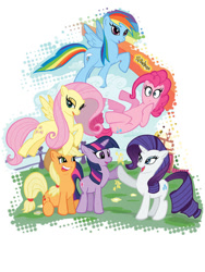 Size: 720x960 | Tagged: safe, artist:paul abstruse, imported from derpibooru, applejack, fluttershy, pinkie pie, rainbow dash, rarity, twilight sparkle, earth pony, pegasus, pony, unicorn, 2013, applejack's hat, cloud, cowboy hat, design, female, fence, flower, flying, group, hat, hoofbump, horn, house, lidded eyes, mane six, mare, on a cloud, open mouth, open smile, outdoors, ponyville, rainbow, raised hoof, shirt design, signature, sitting, smiling, spread wings, tail, unicorn twilight, wings