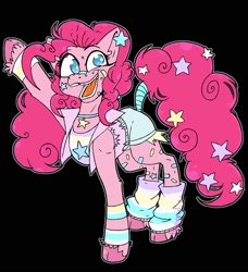 Size: 1822x2000 | Tagged: safe, artist:crowbar19, imported from derpibooru, pinkie pie, earth pony, pony, black background, clothes, female, jewelry, leg warmers, mare, maydendressup, necklace, simple background, smiling, solo, tail, tail wrap, waving