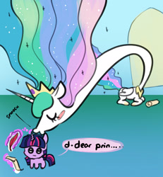 Size: 2440x2644 | Tagged: safe, artist:opalacorn, imported from derpibooru, princess celestia, twilight sparkle, alicorn, pony, unicorn, ..., autism creature, blushing, dialogue, duo, female, forehead kiss, friendship report, horn, jewelry, kissing, long neck, magic, parchment, princess necklestia, quill, regalia, scroll, speech bubble, stuttering, telekinesis, unicorn twilight, writing