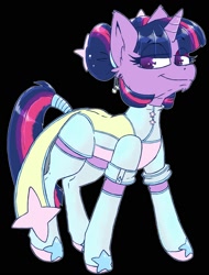 Size: 1520x2000 | Tagged: safe, artist:crowbar19, imported from derpibooru, twilight sparkle, pony, unicorn, black background, clothes, dress, female, hair bun, mare, maydendressup, simple background, smiling, solo, tail, tail wrap, unicorn twilight