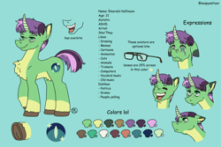 Size: 3600x2400 | Tagged: safe, artist:socialgutbrain777, imported from derpibooru, oc, oc only, oc:emerald halfmoon, pony, unicorn, adhd, amogus eyes, among us, autism, chest fluff, crying, eyebrows, eyebrows visible through hair, female, glasses, green fur, high res, horn, looking up, meme, open mouth, ponysona, purple hair, reference sheet, sad, silly face, simple background, smiling, solo, teal eyes, turquoise background, unshorn fetlocks